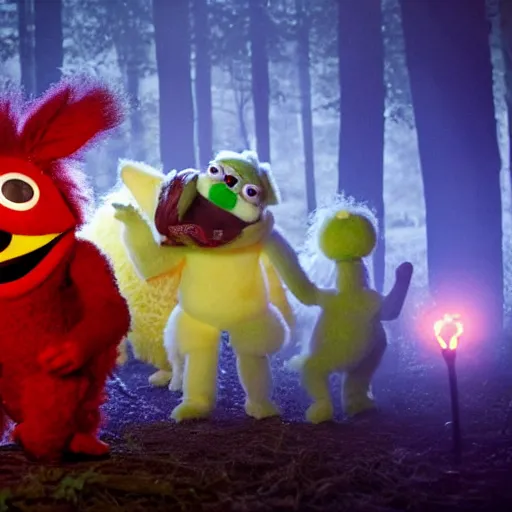 Image similar to a large fox furby muppet holding a lit torch and herding a bunch of random muppet animals following behind through a dark felt forest at night, sesame street, photograph, photography, ultrarealistic, national geographic