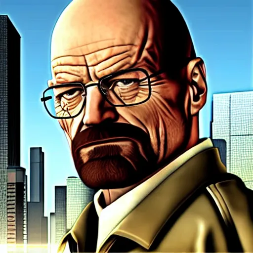 Prompt: Walter white in GTA 4 cover art.