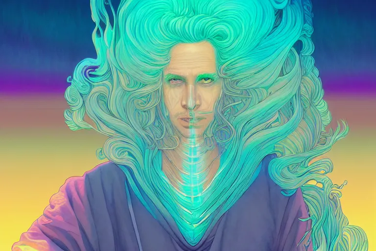 Image similar to cell shaded, muted vaporwave ombre. double exposure, replicant druid of creativity, flowing hair, beautiful character fashion design, by josan gonzalez, shag, nagel, and paul lehr and david heskin and seb mckinnon and jared s. merantz and alex grey, hi - fructose, 8 k, digital matte painting