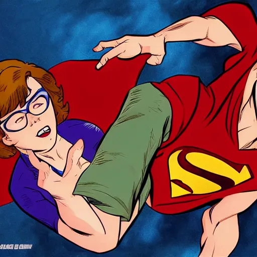 Image similar to Velma from Scooby-doo knocks out Superman, comic book, high action, concept art