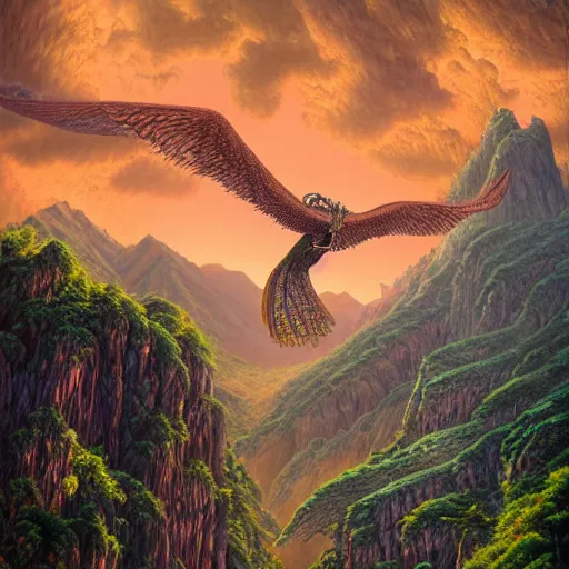 Prompt: a beautiful ultradetailed matte painting of Quetzalcoatl flying over a lush mountain range at dusk by Ttomasz Alen Kopera and Wei Guan and Dan Mumford, tarot card, dazzling energy, ultra wide angle shot, high angle shot, intricate, fractal magic, rays of god, hyperdetailed, micro details, volumetric lighting, 8k, ray tracing, polarized lens