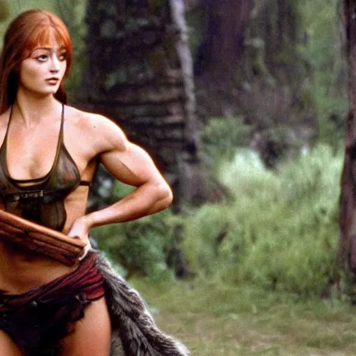 Prompt: still of muscular sophie turner in the beastmaster ( 1 9 8 2 ), high resolution