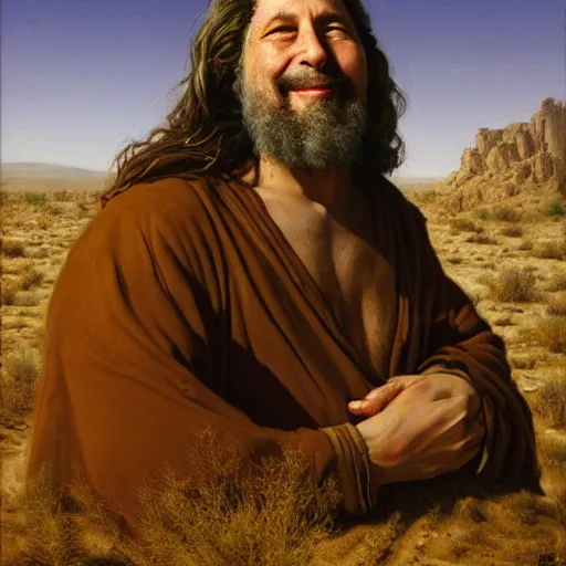 Image similar to Richard Stallman in the desert, in the style of Christ in the Wilderness by Ivan Kramskoi, painting, trending on arstation