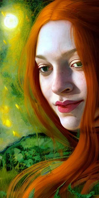 Image similar to infp young woman, smiling amazed, golden fireflies lights, amidst of nature fully covered, long loose red hair, intricate linework, bright accurate green eyes, small nose with freckles, oval shape face, realistic, expressive emotions, dramatic lights spiritual scene, ultrafine art by artemisia gentileschi, caravaggio, jessica rossier, boris vallejo