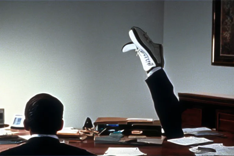 Image similar to cinematic film still from 1994 film: portly clean-shaven white man wearing suit and necktie at his desk, holding his left foot up in the air, XF IQ4, f/1.4, ISO 200, 1/160s, 8K, RAW, dramatic lighting, symmetrical balance, in-frame