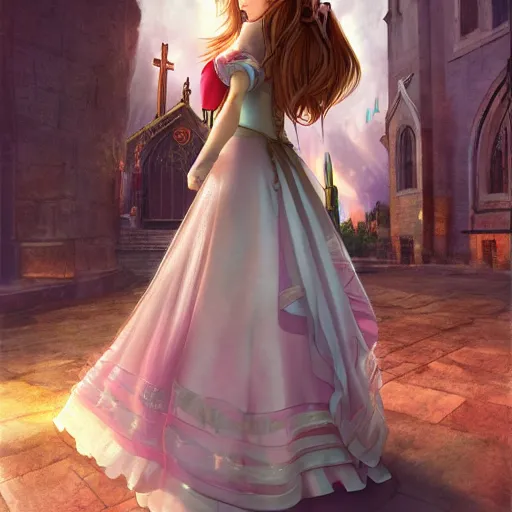 Image similar to aerith from final fantasy in a beautiful dress standing in front of a church, concept art, beautiful lighting, 8 k, digital art, trending on artstation, by yoshitaka amano