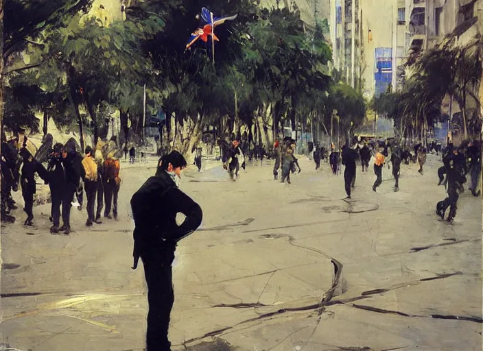 Image similar to a man protesting in a dystopian santiago de chile paseo ahumada by john berkey and manet