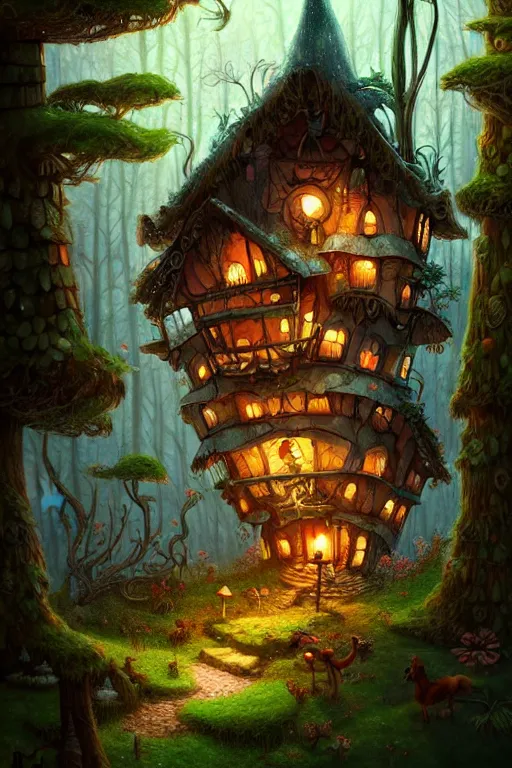 Image similar to a storybook illustration of a ramshackle multistory fairytale hut in the forest, intricate, elegant, fantasy, highly detailed, digital painting, concept art, sharp focus, artstation