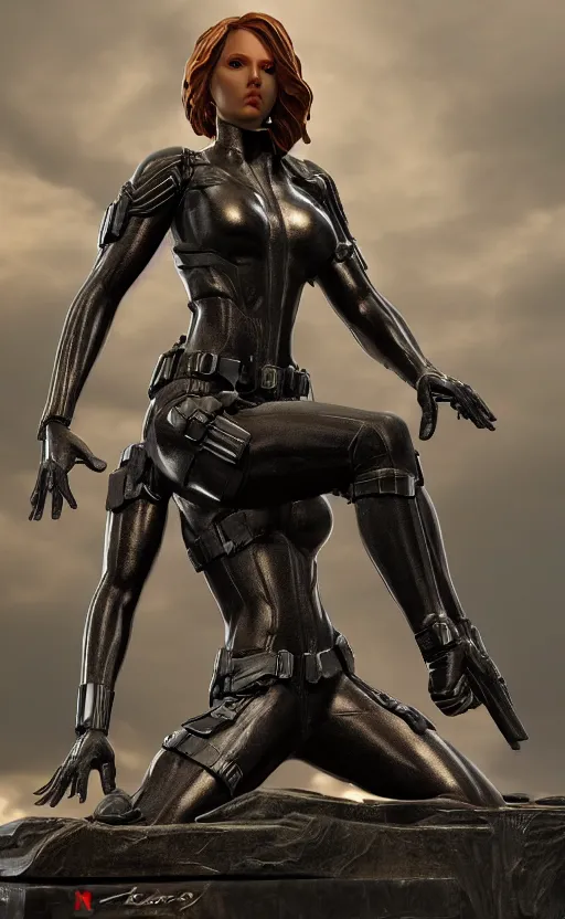 Image similar to black widow, bronze statue, unreal engine, high detailed