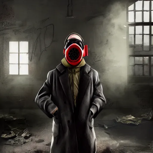 Prompt: hooden villain wearing a gas mask with red goggles, smoke coming out of his body and coat, dark background, wall with graffiti, unreal engine 5, ultra realistic, detailed, fog, by greg rutkowski,