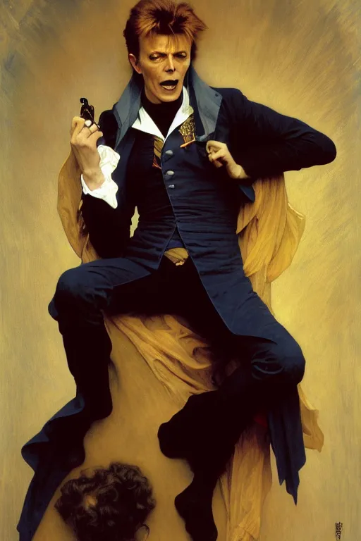 Prompt: david bowie as Screaming' Lord Byron, blue jean, J.C leyendecker, alphonse mucha ,William-Adolphe Bouguereau, yoshitaka amano , high resolution, hd, 4k