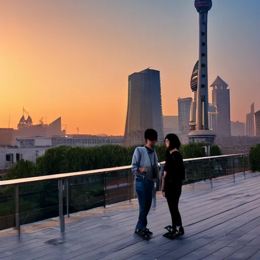 Prompt: a small rooftop with a couple of modern teenagers, standing and talking to each other, wearing black modern clothes, modern shanghai bund is on the background, sunset, by asher brown durand