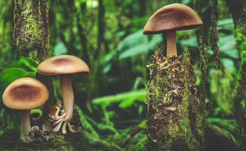 Prompt: a photography of a creepy mushroom family in a rainforest, intricate detail, photorealistic, 2 4 mm mirrorless