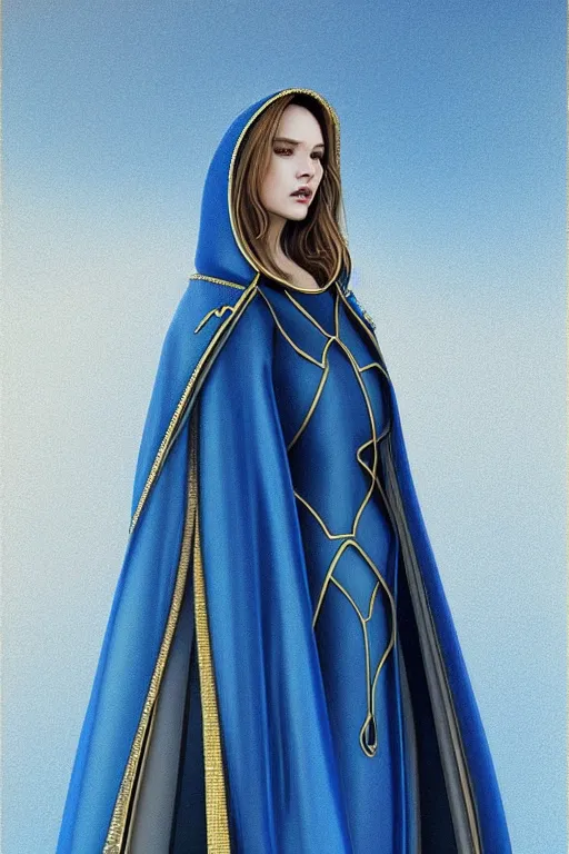 Image similar to detailed beautiful hooded noun in opened blue gold coat, seductive confident pose, attractive feminine curves, intricate details, futuristic, elegant cape, elegant, photorealism, trending on artstation, holy halo, advanced technology, art by moebius and vitaly bulgarov and chanthara