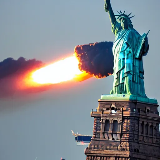 Prompt: disaster photography, airship during collision into statue of liberty, full color, explosion, 8k, hd, high resolution