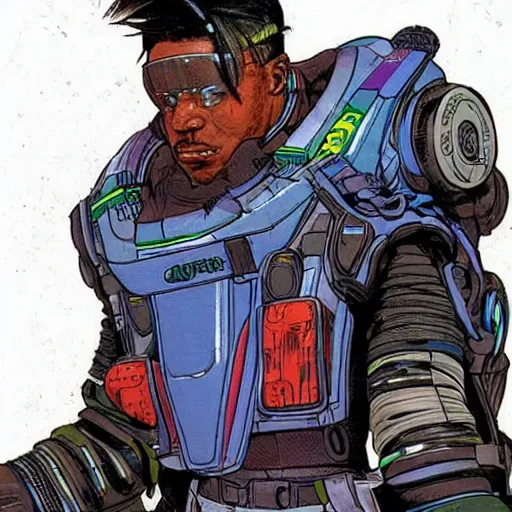 Image similar to Apex legends cyberpunk weightlifter. Concept art by James Gurney and Mœbius.