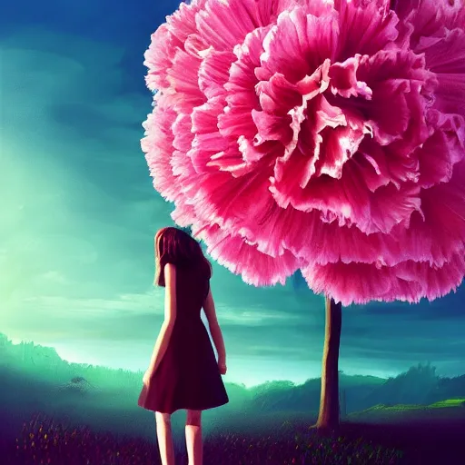 Image similar to giant carnation flower head, girl in suit, surreal photography, sunrise, dramatic light, impressionist painting, digital painting, artstation, simon stalenhag