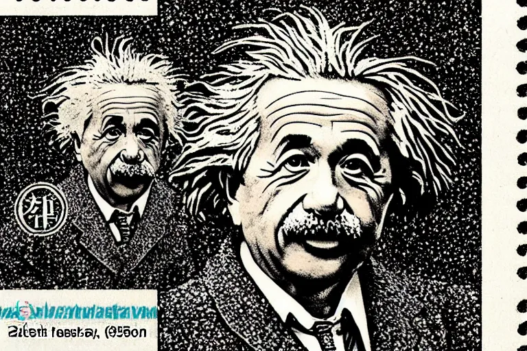 Prompt: engraved japanese postage stamp of albert einstein with theory of relativity, detailed!!! color engraving in the style of a postage stamp, fine!!! lines