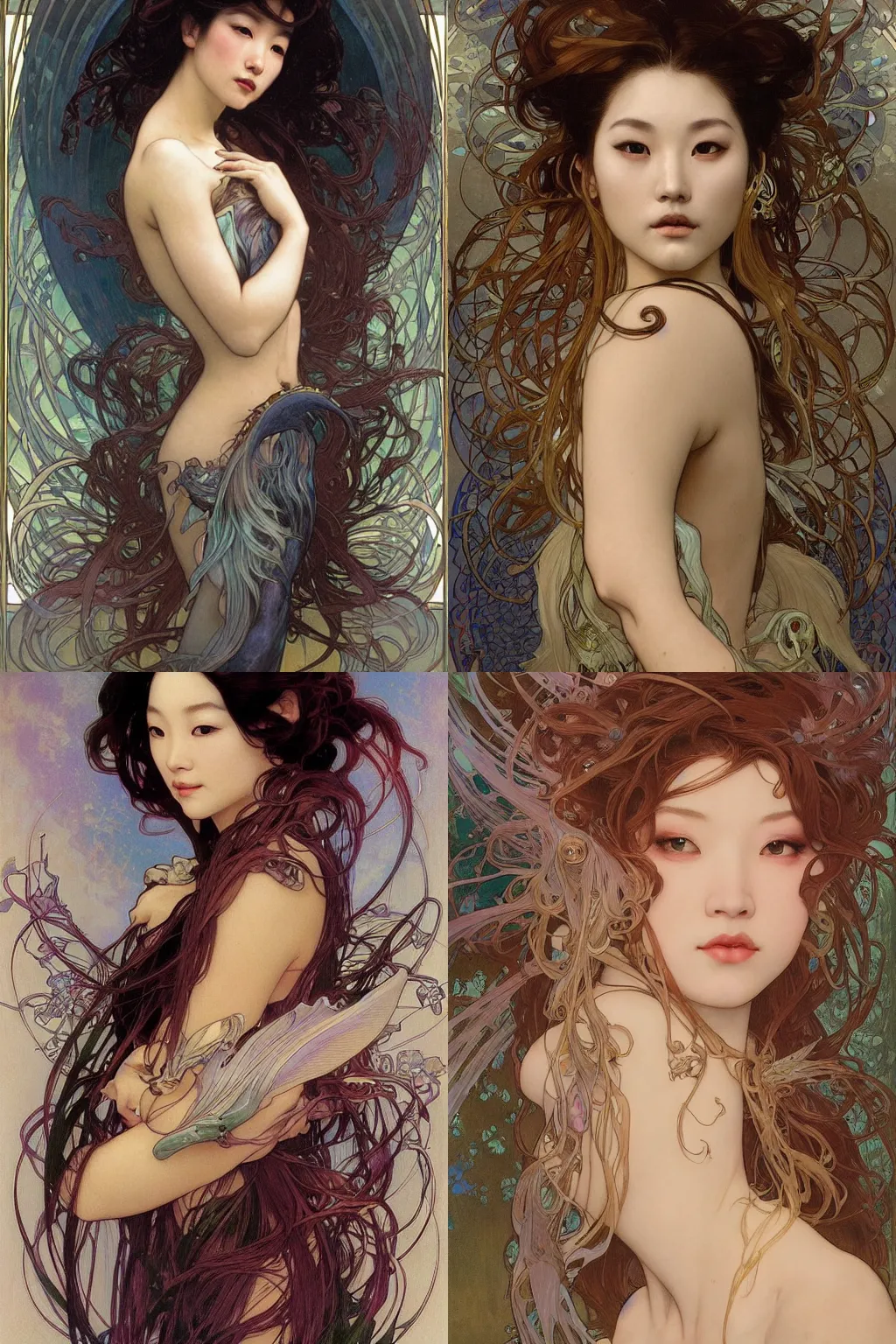 Prompt: stunning, breathtaking, awe-inspiring award-winning realistic concept art face portrait of mermaid Ashley Liao, by Alphonse Mucha, Ayami Kojima, Amano, Charlie Bowater, Karol Bak, Greg Hildebrandt, Jean Delville, and Mark Brooks, Art Nouveau, Neo-Gothic, gothic, rich deep colors, cyberpunk, extremely moody lighting, glowing light and shadow, atmospheric, shadowy, cinematic, 8K