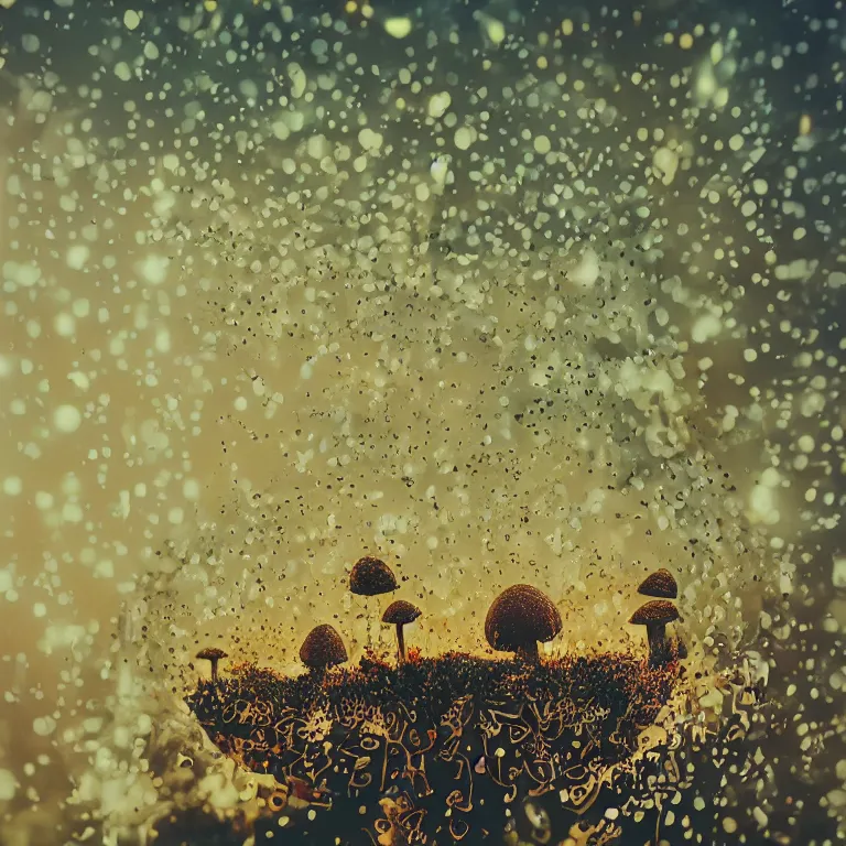 Image similar to double exposure of dally life, symbols of live, explosion, different sprouts and microgreens on mushrooms, cyber mushroom city, mushroom matrix, love is the most relevant theme, 8 k resolution, artistic mode, artistic, trending on instagram, long exposure, love art, serious, fantasy and dreams vibes, mushrooms style and macro style, spring vibes in twilight or sunset lights