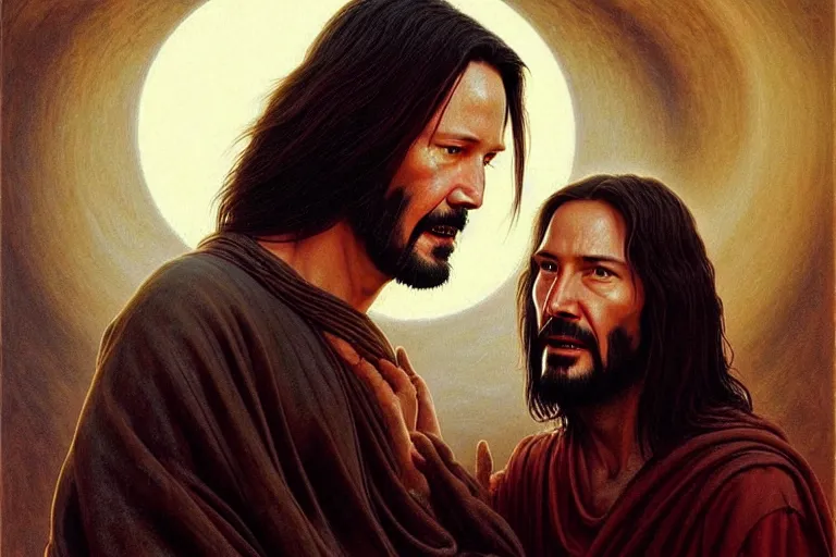 Image similar to keanu reeves as jesus christ in “ the last temptation of christ ” ( 1 9 8 8 ). oil painting elegant, highly detailed, centered, digital painting, artstation, concept art, smooth, sharp focus, illustration, artgerm, tomasz alen kopera, peter mohrbacher, donato giancola, joseph christian leyendecker