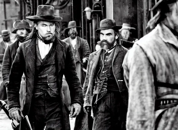 Image similar to an action scene from the movie gangs of new york, medium long shot, leonardo dicaprio and daniel day - lewis, sharp eyes, serious expressions, detailed and symmetric faces, black and white, cinematic, epic,