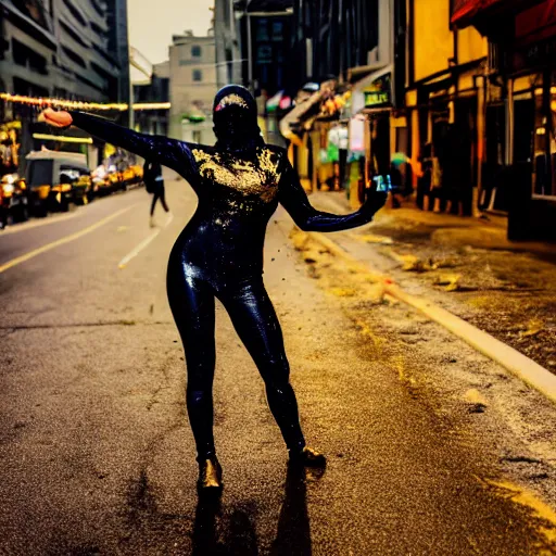 Image similar to beautiful female model dancing on the street with body painted in black colors, acid rain, wet vallerina, wearing latex balaclava, golden body paint, photography by amy leibowitz, street, bokeh, long exposure, color papers flying in the sky
