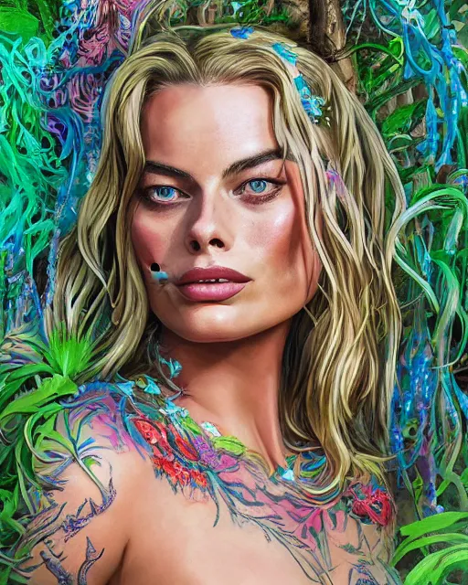 Prompt: margot robbie portrait with a tattooed body posing in a magical crochet bikini in a magical forest, beautiful eyes, realistic face, full body, fantasy art, in the style of JAMES MCCARTHY, illustration, epic, fantasy, intricate, hyper detailed, artstation, concept art, smooth, sharp focus, ray tracing, vibrant