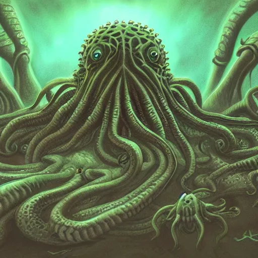 Image similar to cthulhu sleeps at r'lyeh. dramatic. wide angle. digital painting. trending on art station.