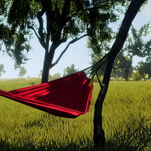 Image similar to Dutch from Red Dead Redemption 2 sleeping in a hammock, a field of mango trees in the background