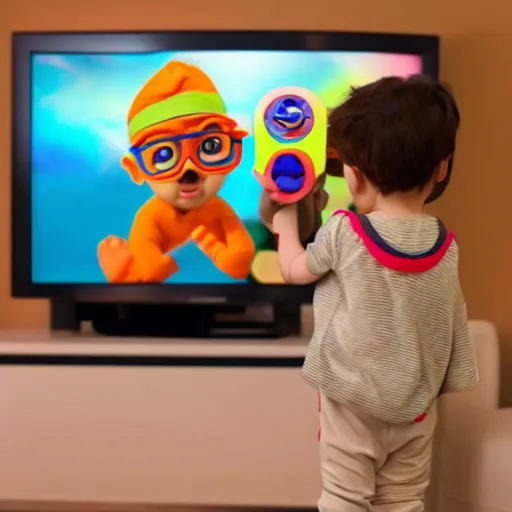 Prompt: baby watching blippi on tv, photorealistic, 8 k