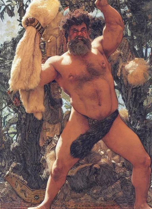 Image similar to eddie hall as hercules dressed in animal skins, by jlawrence alma tadema and rick berry and norman rockwell and greg staples