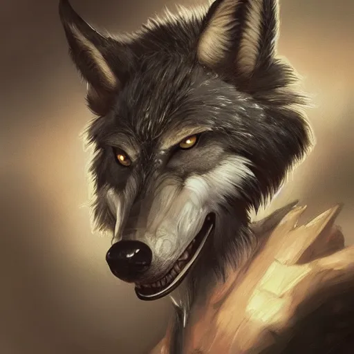 Image similar to 3/4 headshot of cute anthro wolf man, D&D, handsome, fantasy, intricate, long snout, donkey ears, fursona, black hair, elegant, highly detailed, digital painting, artstation, concept art, smooth, sharp focus, illustration, art by artgerm and greg rutkowski and alphonse mucha