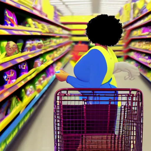 Image similar to high quality still of black bbw woman, 3d, in the style of pixar, comic book style, pushing cart in wal mart, highly detailed, 16k resolution, octane renderer, coherent