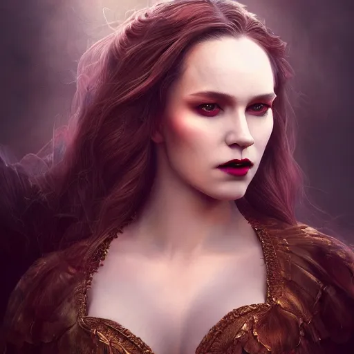 Prompt: majestic gracious regal aristocratic female vampire portrait, atmospheric lighting, painted, curvy, voluptuous, menacing, intricate, volumetric lighting, beautiful, rich deep colours masterpiece, golden hour, sharp focus, ultra detailed, by leesha hannigan, ross tran, thierry doizon, kai carpenter, ignacio fernandez rios