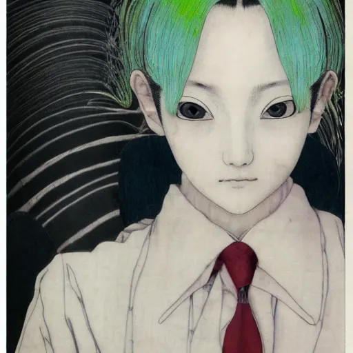 Image similar to yoshitaka amano blurred and dreamy realistic portrait of a woman with black eyes and white hair wearing dress suit with tie, junji ito abstract patterns in the background, satoshi kon anime, noisy film grain effect, highly detailed, renaissance oil painting, weird portrait angle, blurred lost edges, three quarter view