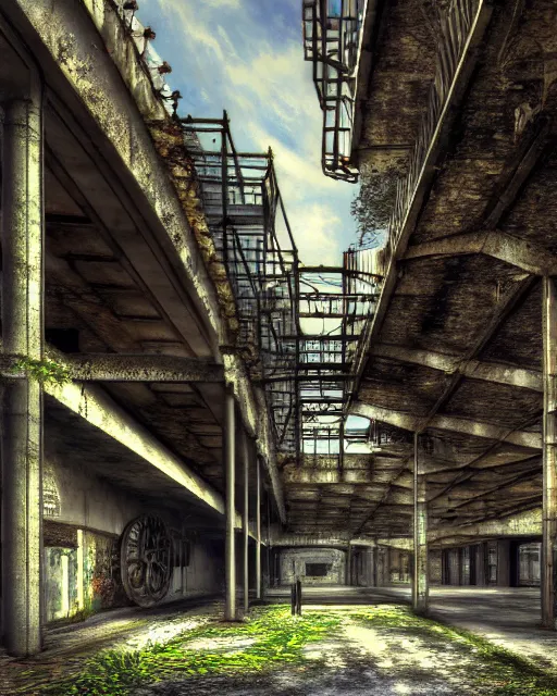 Prompt: a beautiful detailed render of industrial architecture building parking garage urbex abandoned city nature architecture unfinished building by camille pissarro, bioshock otherworldly, archdaily, wallpaper, highly detailed, trending on artstation.