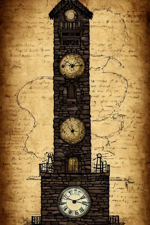 Image similar to the impossible clock tower on the top of a mountain, tower, building, steampunk, papyrus, parchment