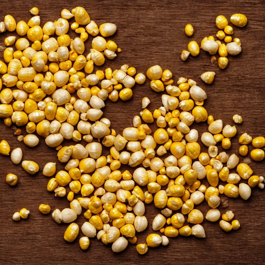 Image similar to close - up view of corn kernels on top of a wooden table, 8 k, high detail, photorealistic, proper shading