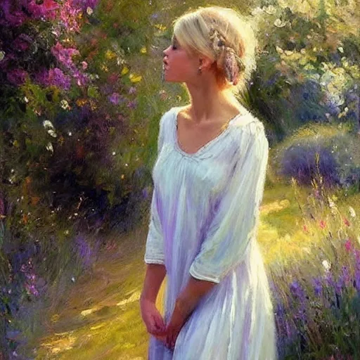 Image similar to blonde woman, nightgown, swedish countryside, archipelago, morning, masterpiece, highly detailed, beautiful, atmospheric, impressionism, painting by Vladimir Volegov