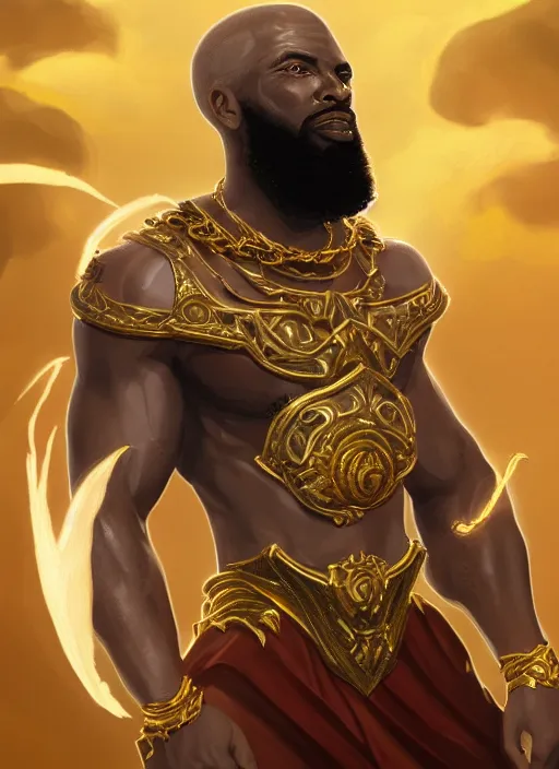 Image similar to a highly detailed illustration of bearded short haired fade african god of lightning, wearing gold chains on neck and arms, evil summoning lightning pose, moonlit clouds background, muscular, intricate, elegant, highly detailed, centered, digital painting, artstation, concept art, smooth, sharp focus, league of legends concept art, WLOP