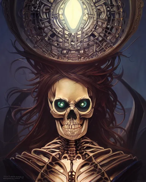 Image similar to an armored skeleton with glowing magical eyes, fantasy character portrait, ultra realistic, intricate, elegant, highly detailed, digital painting, artstaion, smooth, sharp, focus, illustration, art by artgerm and greg rutkowski and alphonse mucha