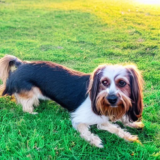 Image similar to the cutest looking mutt who is half long haired dachshund and half shih tzu, laying under a tree on a farm, golden hour, promised land, corn,