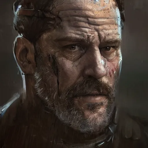 Prompt: Portrait of a man by Greg Rutkowski, he is about 50 years old, badass redneck features, messy copper short hair, strong, tired expression, father figure image, he is wearing a futuristic police gear, highly detailed portrait, scifi, digital painting, artstation, concept art, smooth, sharp foccus ilustration, Artstation HQ.