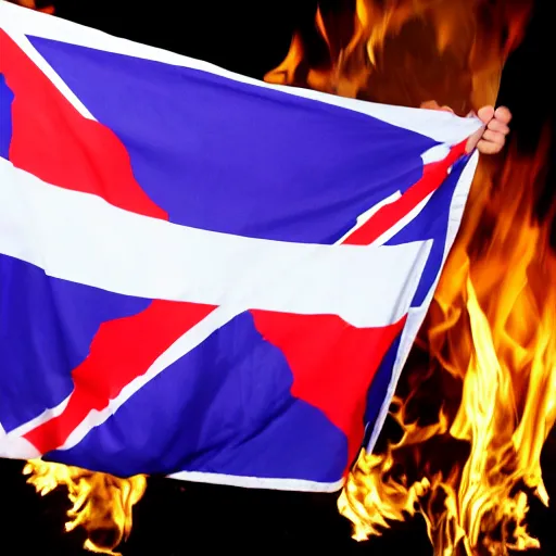 Prompt: nigel farage laughing holding burning eu flag, photograph, hd