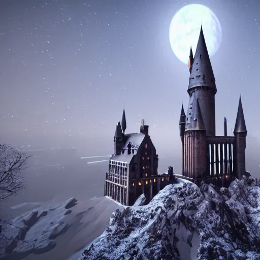 Image similar to hogwarts towers, night sky, mid shot, ultra detailed, hyperrealistic, octane render, unreal engine, snow, mist and fog, depth of field, intricate details, ornate