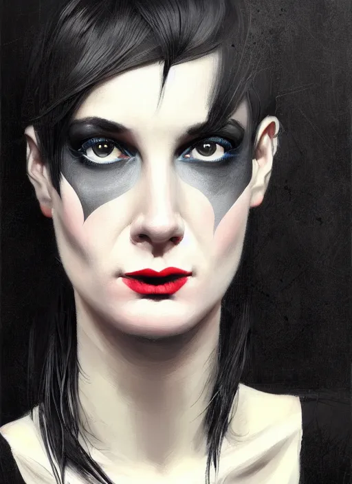 Image similar to portrait of a woman with a crooked nose and a confident expression, 1 9 6 0 s, black clothes, goth, punk, brightly coloured hair, funk, intricate, elegant, highly detailed, digital painting, artstation, concept art, smooth, sharp focus, illustration, art by wlop, mars ravelo and greg rutkowski