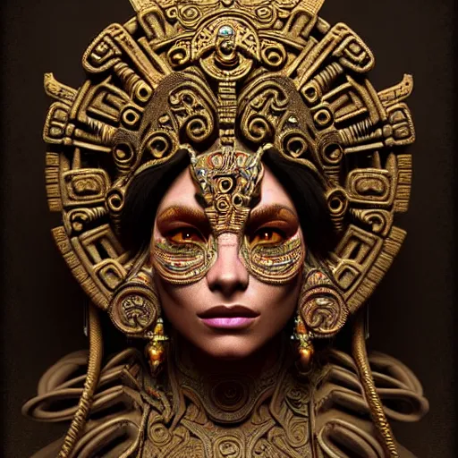 Prompt: mayan goddess , very detailed face, detailed features, fantasy, circuitry, explosion, dramatic, intricate, elegant, highly detailed, digital painting, artstation, concept art, smooth, sharp focus, illustration, art by Gustave Dore, octane render