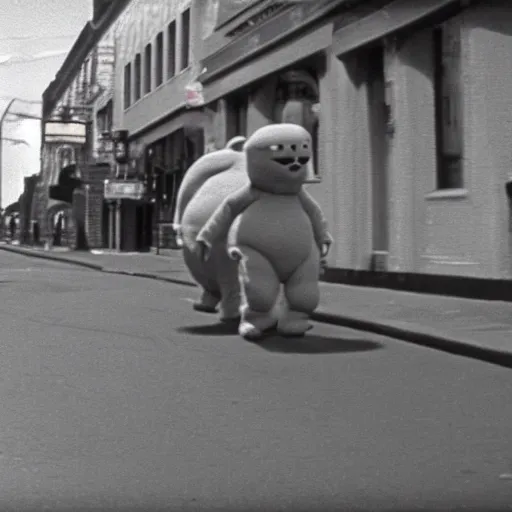 Image similar to still from vhs footage of giant telletubby walking down street