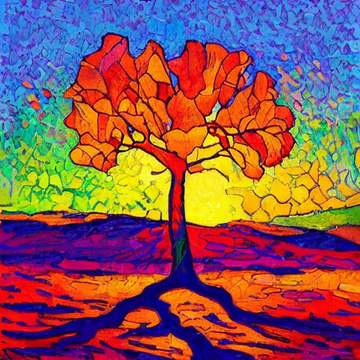 Image similar to a painting of a tree in the sunset, a gouache by Erin Hanson and RHADS, deviantart, neo-fauvism, fauvism, impressionism, vivid colors, rich color palette, acrylic art